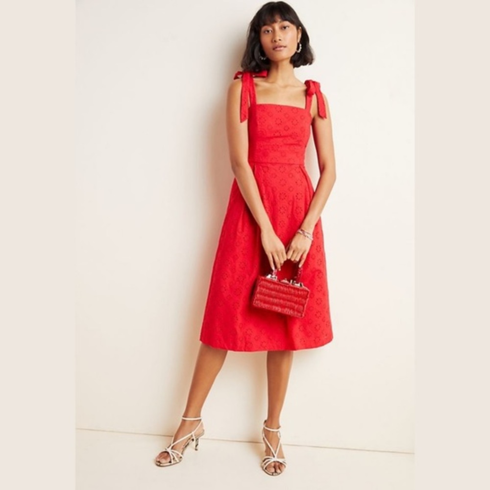 Anthropologie Hutch Kari red eyelet lace petite square neck midi dress, 8P